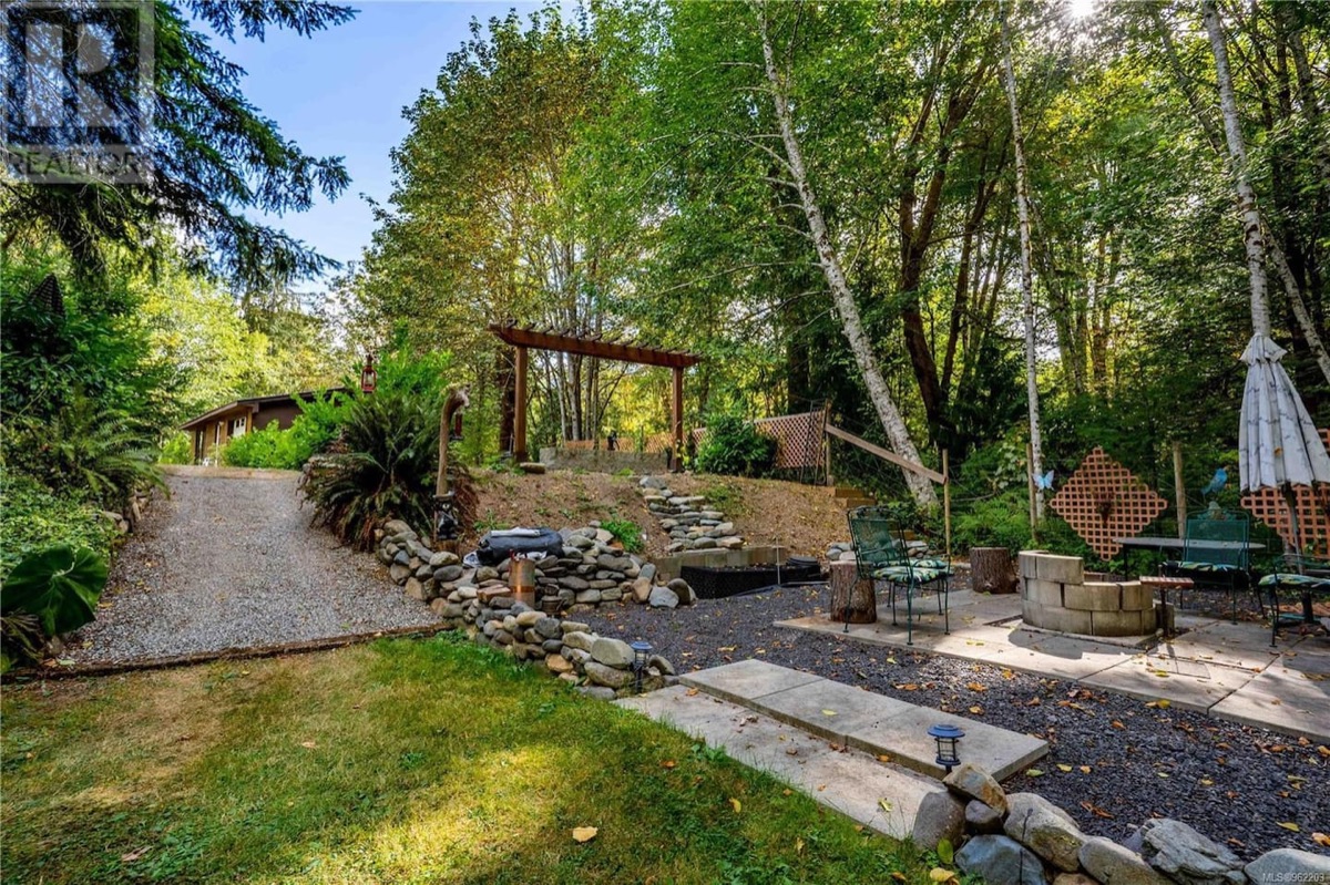 Property grounds with pergola, fire pit, and garden
