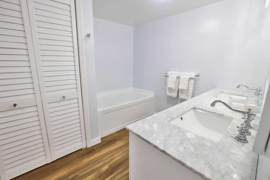 Bathroom with soaker tub, walk-in shower, and double vanity